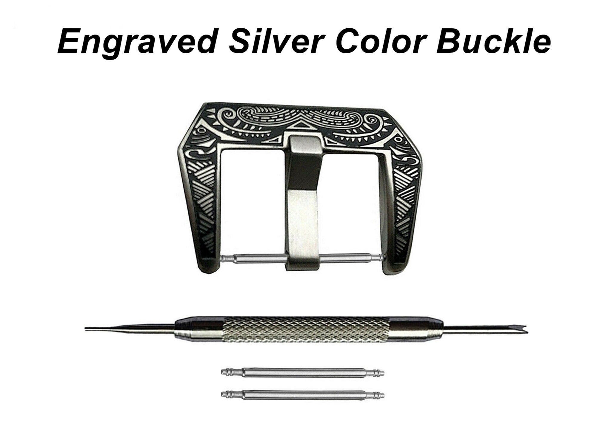 4pcs Set Wide Buckles for 18mm 20mm 22mm 24mm Watch Straps Bands Stainless Steel Kit Engraved Silver Black Rose Gold Finish - Pins Tool